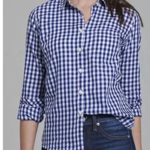New UNTUCKit Women's Size 6 Belleza Navy Blue Gingham Button Down Shirt  NWT - Picture 1 of 4